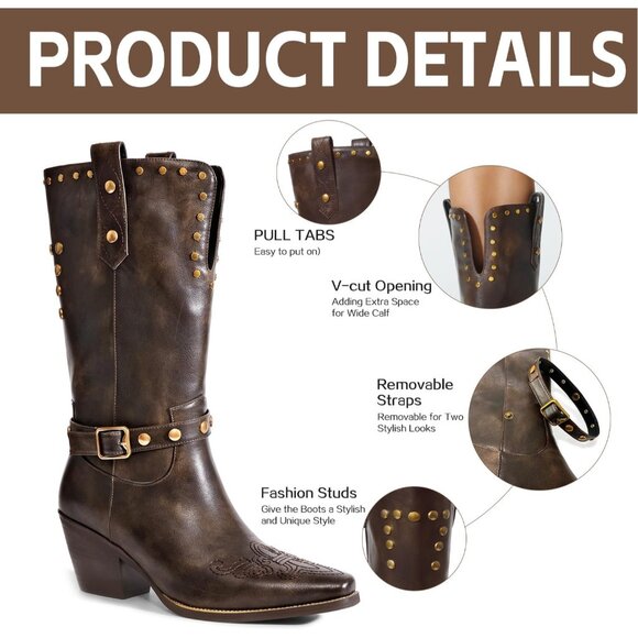 Womens Brown Faux Leather Mid Calf Square Toe Block Chunky Heel Studded Boots - Picture 5 of 8